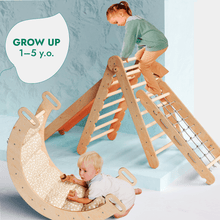 Load image into Gallery viewer, 5in1 Montessori Climbing Set: Triangle Ladder + Arch/Rocker + Slide Board/Ramp + Netting rope + Cushion