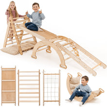Load image into Gallery viewer, 5in1 Montessori Climbing Set: Triangle Ladder + Arch/Rocker + Slide Board/Ramp + Netting rope + Cushion