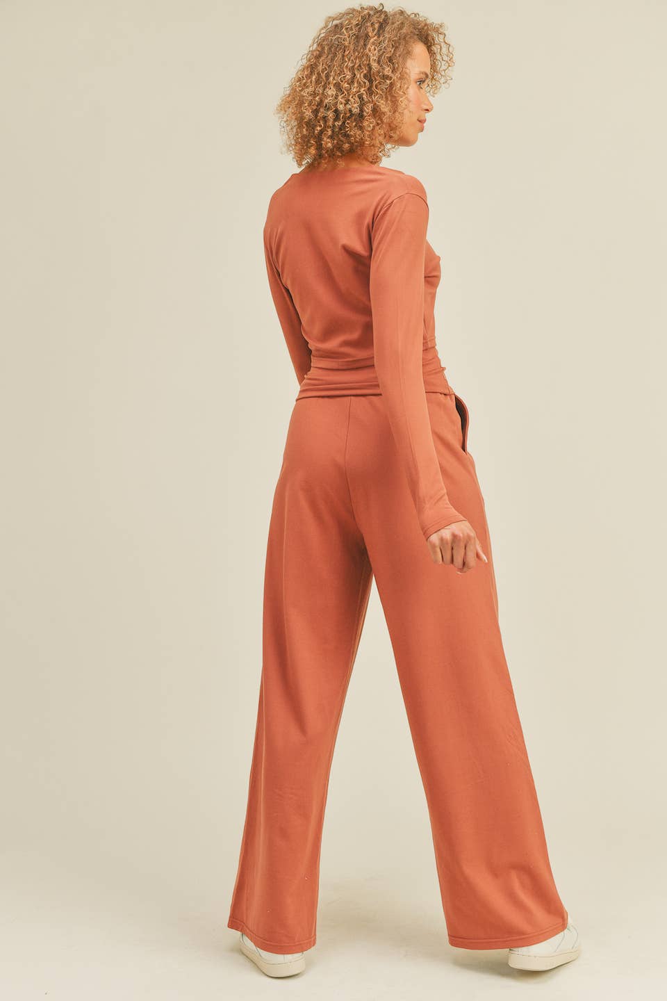 Button-Down Cropped Top & Wide Leg Set- Auburn