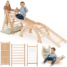 Load image into Gallery viewer, 5in1 Montessori Climbing Set: Triangle Ladder + Arch/Rocker + Slide Board/Ramp + Netting rope + Cushion
