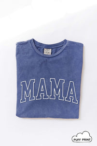 Mama Puff Print Mineral Wash Tee- Denim Blue