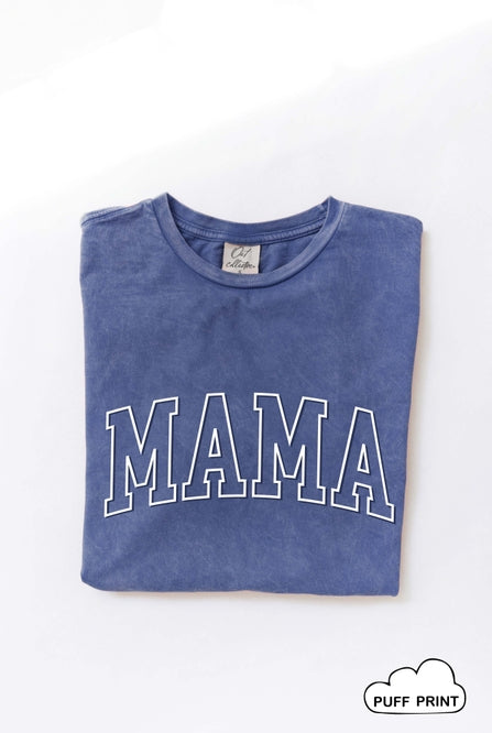 Mama Puff Print Mineral Wash Tee- Denim Blue