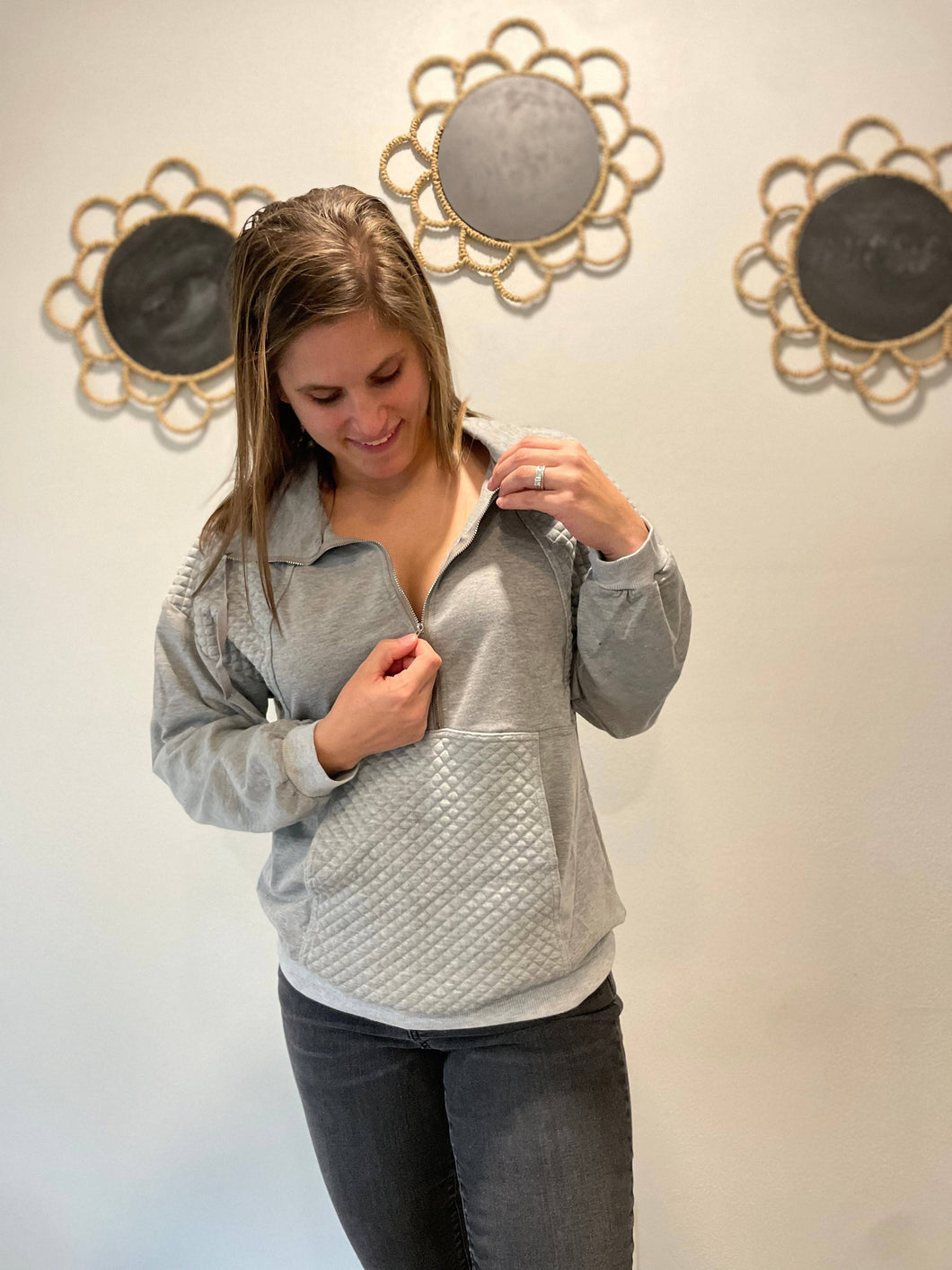 Half Zip Nursing Sweatshirt- Grey