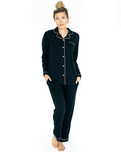 Clea Bamboo Classic Long Sleeve Maternity & Nursing Pajama- Black